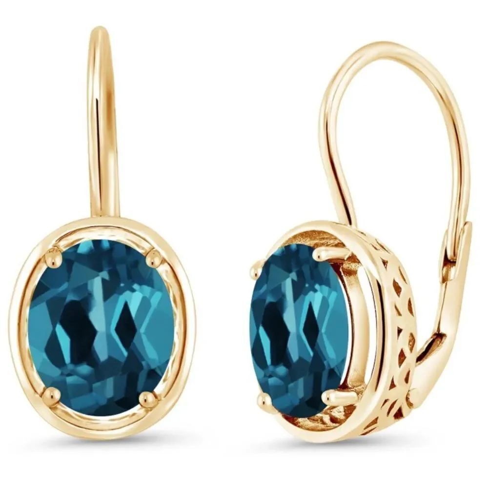 18K Yellow Gold 925 and 3.60 Cttw London Blue Topaz Oval Leverback Drop Earrings
